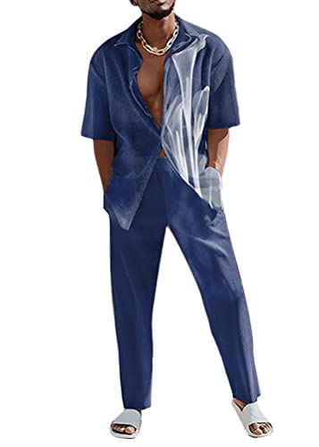 shownicer Zweiteiler Herren Leinenanzug Sommer Freizeitanzug Einfarbig 2-teilig Langarm Button-Up Stehkragen Hemd und Shorts Beach Strand Shirt Kurze Hose Set Anzug B Stil10 M von shownicer