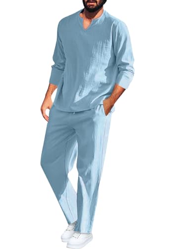 shownicer Zweiteiler Leinen Freizeitanzug Herren Leinenanzug Sommer 2-Teiliges Shirt Langarm und Strandhose Hausanzug Jogginganzug Yoga Anzug A Blau XL von shownicer