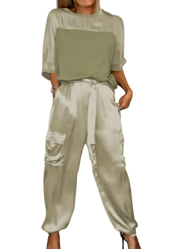 shownicer Zweiteiler Trainingsanzug Damen Sommer Outfits Tracksuit Kurzarm Tops und Jogginghosen Freizeitanzug mit Taschen A Aprikose M von shownicer