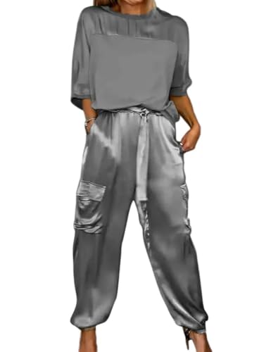 shownicer Zweiteiler Trainingsanzug Damen Sommer Outfits Tracksuit Kurzarm Tops und Jogginghosen Freizeitanzug mit Taschen A Grau XXL von shownicer