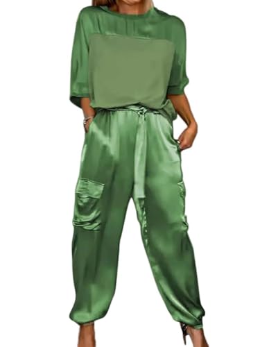 shownicer Zweiteiler Trainingsanzug Damen Sommer Outfits Tracksuit Kurzarm Tops und Jogginghosen Freizeitanzug mit Taschen A Grün M von shownicer