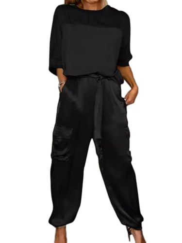 shownicer Zweiteiler Trainingsanzug Damen Sommer Outfits Tracksuit Kurzarm Tops und Jogginghosen Freizeitanzug mit Taschen A Schwarz XL von shownicer