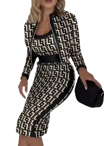 shownicer Zweiteilige Herbst Outfits Langärmelig Bedruckt Bauchfreies Top Elegant Figurbetont Rock Set Urlaub Club Outfits 3 Stücke Sets B Khaki L von shownicer