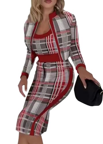 shownicer Zweiteilige Herbst Outfits Langärmelig Bedruckt Bauchfreies Top Elegant Figurbetont Rock Set Urlaub Club Outfits 3 Stücke Sets B Rot S von shownicer
