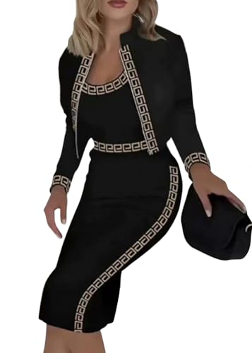 shownicer Zweiteilige Herbst Outfits Langärmelig Bedruckt Bauchfreies Top Elegant Figurbetont Rock Set Urlaub Club Outfits 3 Stücke Sets B Schwarz M von shownicer