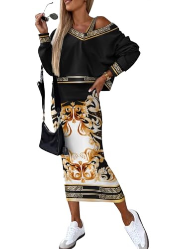 shownicer Zweiteilige Outfits Langärmelig Bedruckt Bauchfreies Top Elegant Figurbetont Rock Set Urlaub Club Outfits A Schwarz03 XL von shownicer