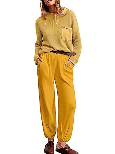 shownicer Zweiteilige Pullover Sets Damen Elegantes Lounge Outfit Langarm Strickpullover Top + Freizeithose Loungewear Einfarbig Trainingsanzug Streetwear A Gelb L von shownicer