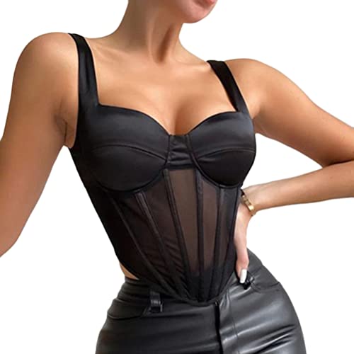 shwoncier Crop Top Damen Leder-Optik Bustier Korsett Bauchfrei Wetlook Shirts Kurz Sexy Tanktop Leder Spaghetti BH Top mit Push up Effekt Oberteile C Schwarz M von shownicer