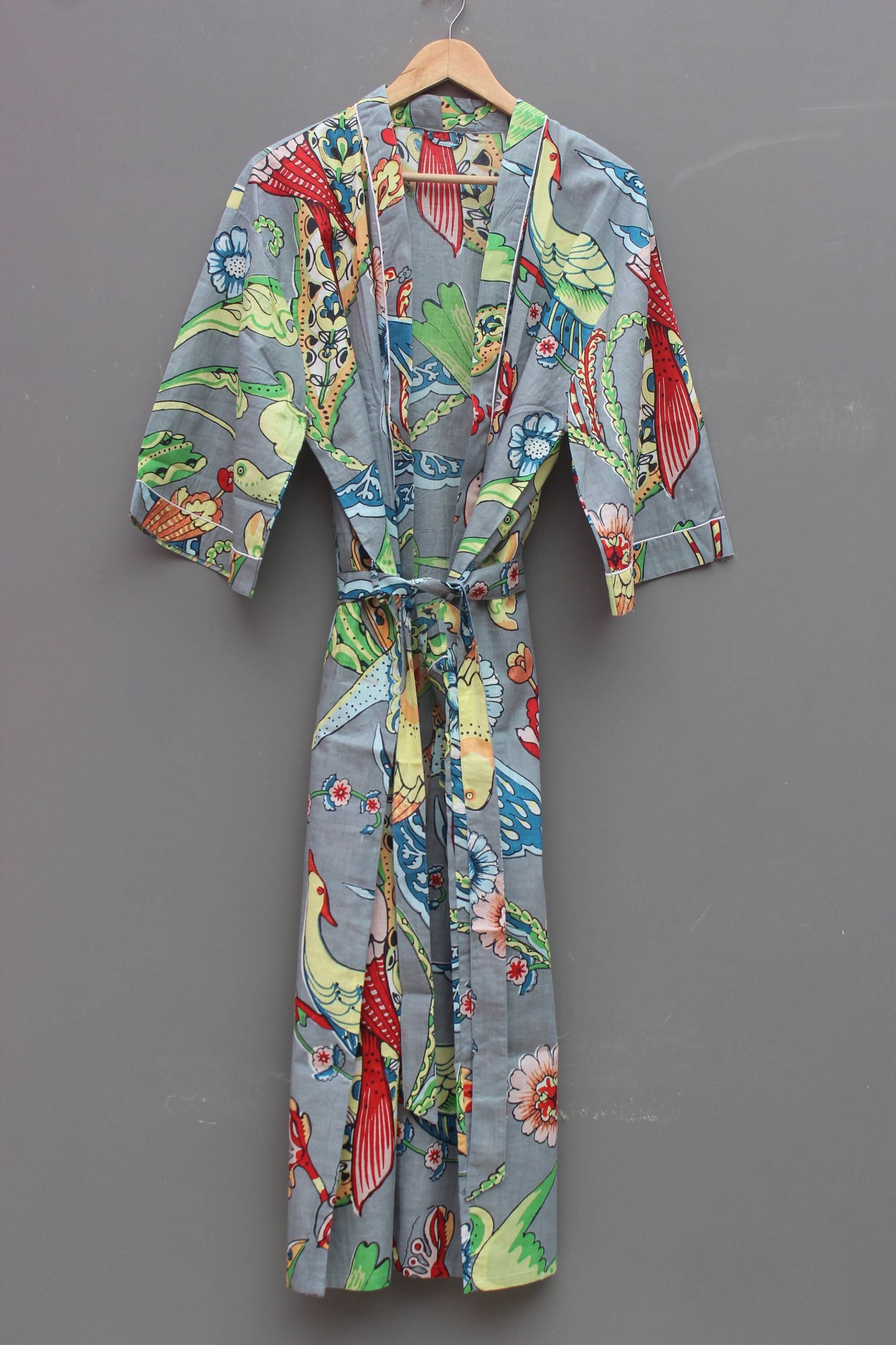 Grau Big Bird Print Baumwolle Kimono, Brautjungfer Hausmantel, Damen Bademantel, Baumwoll Nachtwäsche Robe, Geschenk Für Sie von shrimahadevcreation