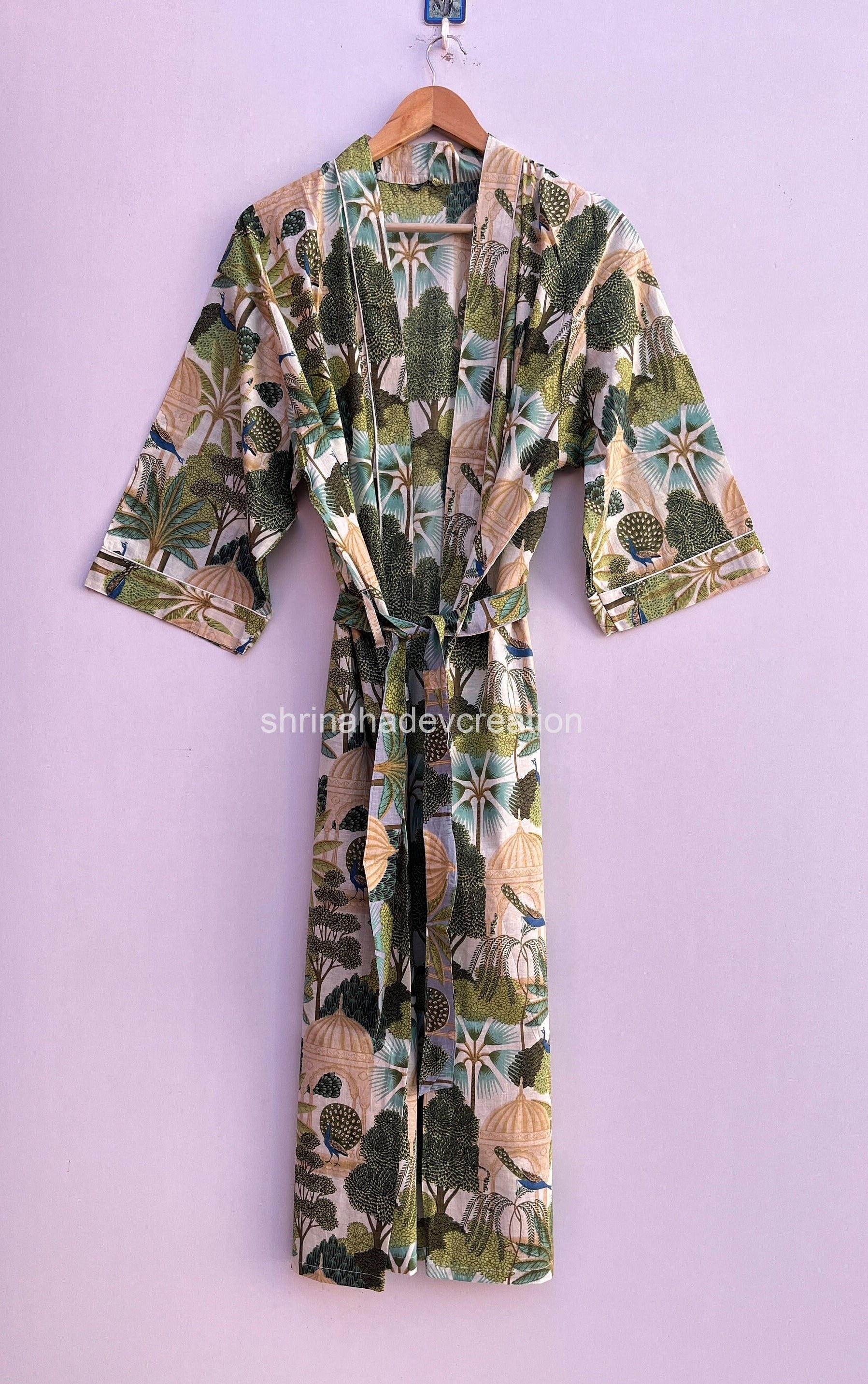 Hand Block Print Kimono, Pfau Robe, Damen Morgenmantel, Wickelkleid, Brautjungfer Geschenk, Braut Kimono von shrimahadevcreation