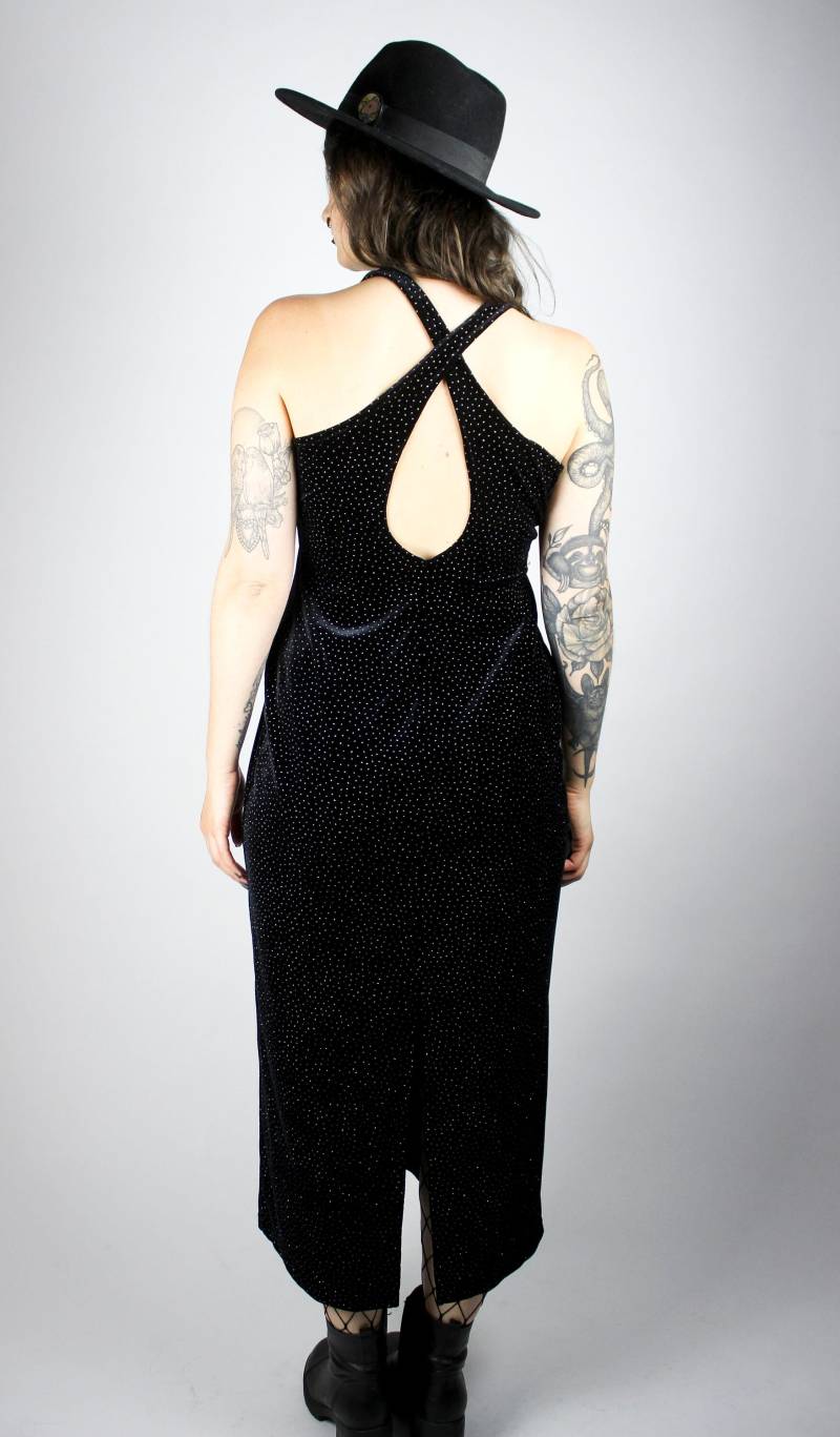 Vintage Schwarzes Samt Kleid Glitzer Punkte, Whimsical Rückenfreies Abschlusskleid von shttyfcky