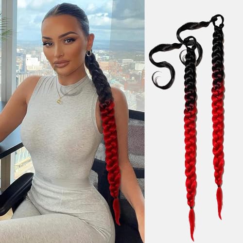 shufang 2 Packungen Pferdeschwanz-Extensions, lang, rot und schwarz, für schwarze Frauen, weiches Kunsthaar für Frauen, mit Haarschleife, gerade, rund von shufang