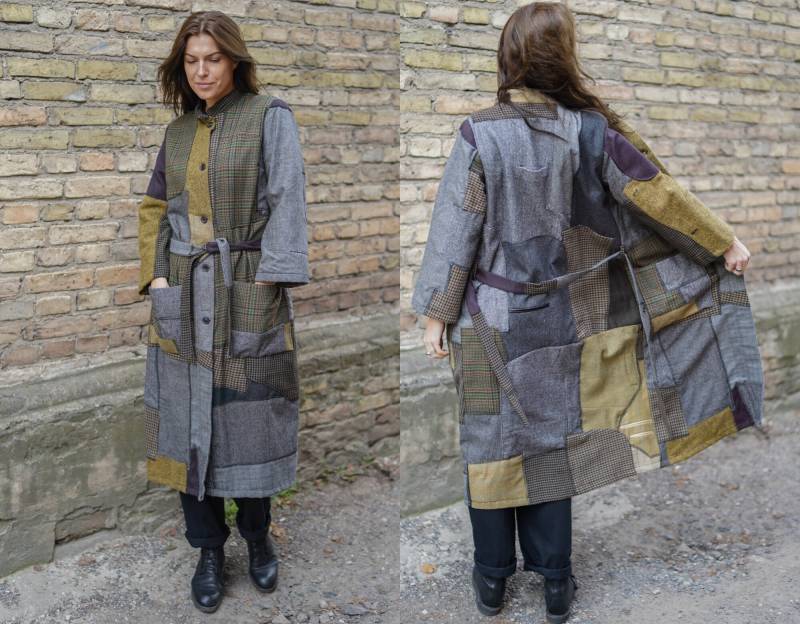 Frauen Wollmantel/Gürtel-Mantel Handgemachter Patchwork Midi-Mantel Boho Mantel Patchwork-Jacke Herbst Frühling Farbblock-Mantel von shyzukastore