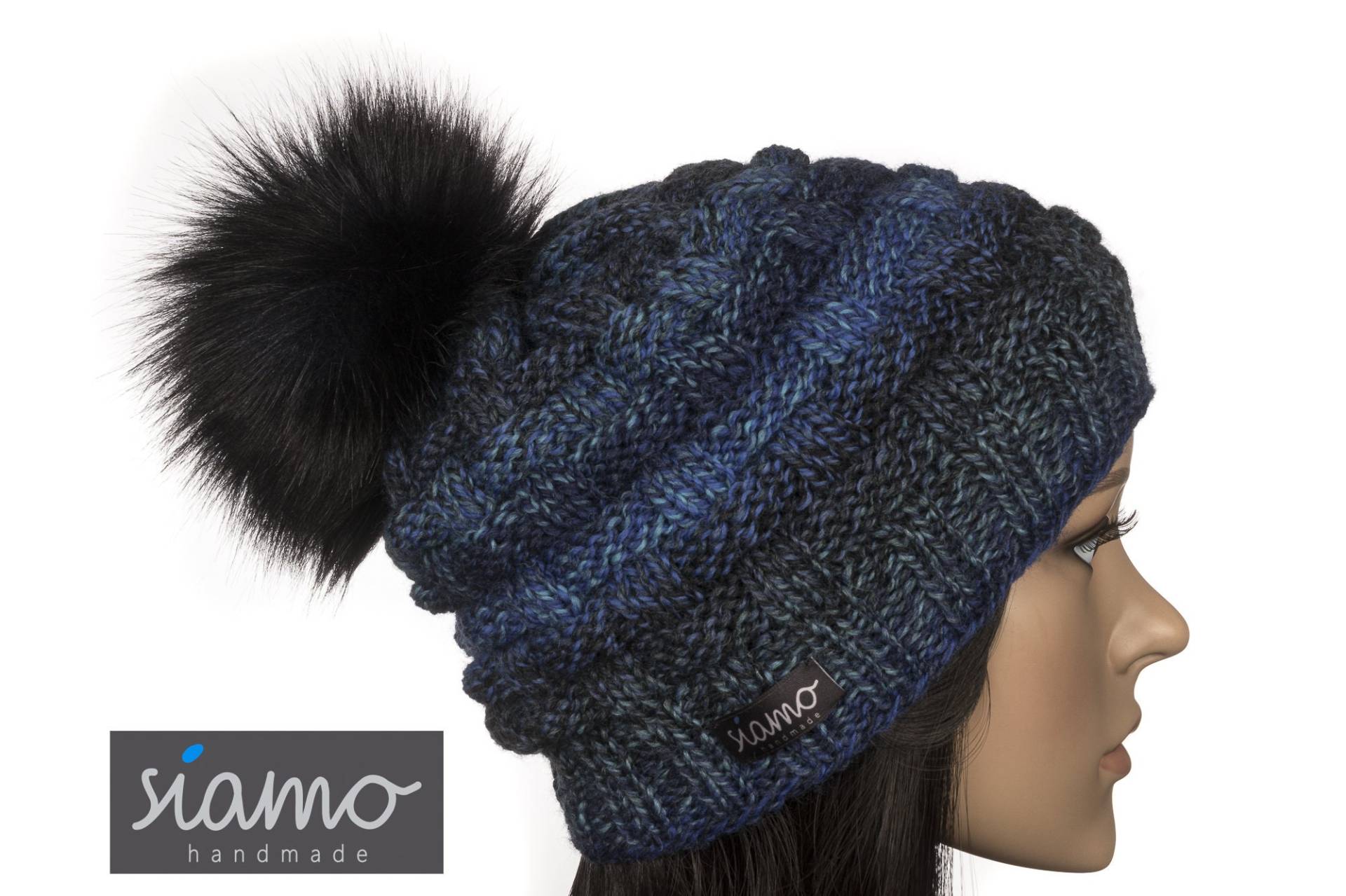 Bommel-Mütze Lahti Iii Blau Mouline Schurwoll-Mix Unisex Damen-Mütze Herren-Mütze Pudelmütze Mütze Strickmütze Von Siamo-Handmade von siamoHandmade