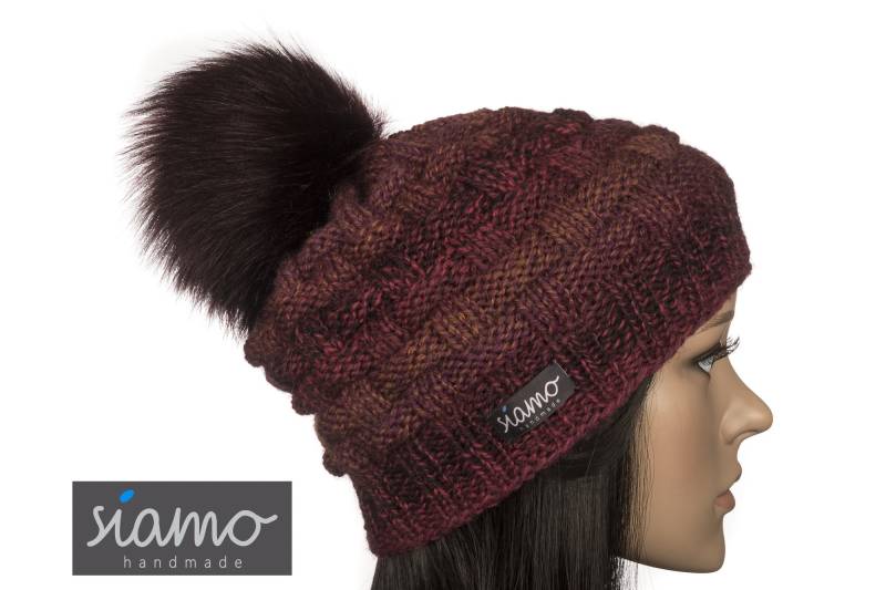 Bommel-Mütze Lahti Iii Bordeaux Mouline Unisex Schurwoll-Mix Damen-Mütze Herren-Mütze Pudelmütze Wollmütze Winter-Mütze Von Siamo-Handmade von siamoHandmade