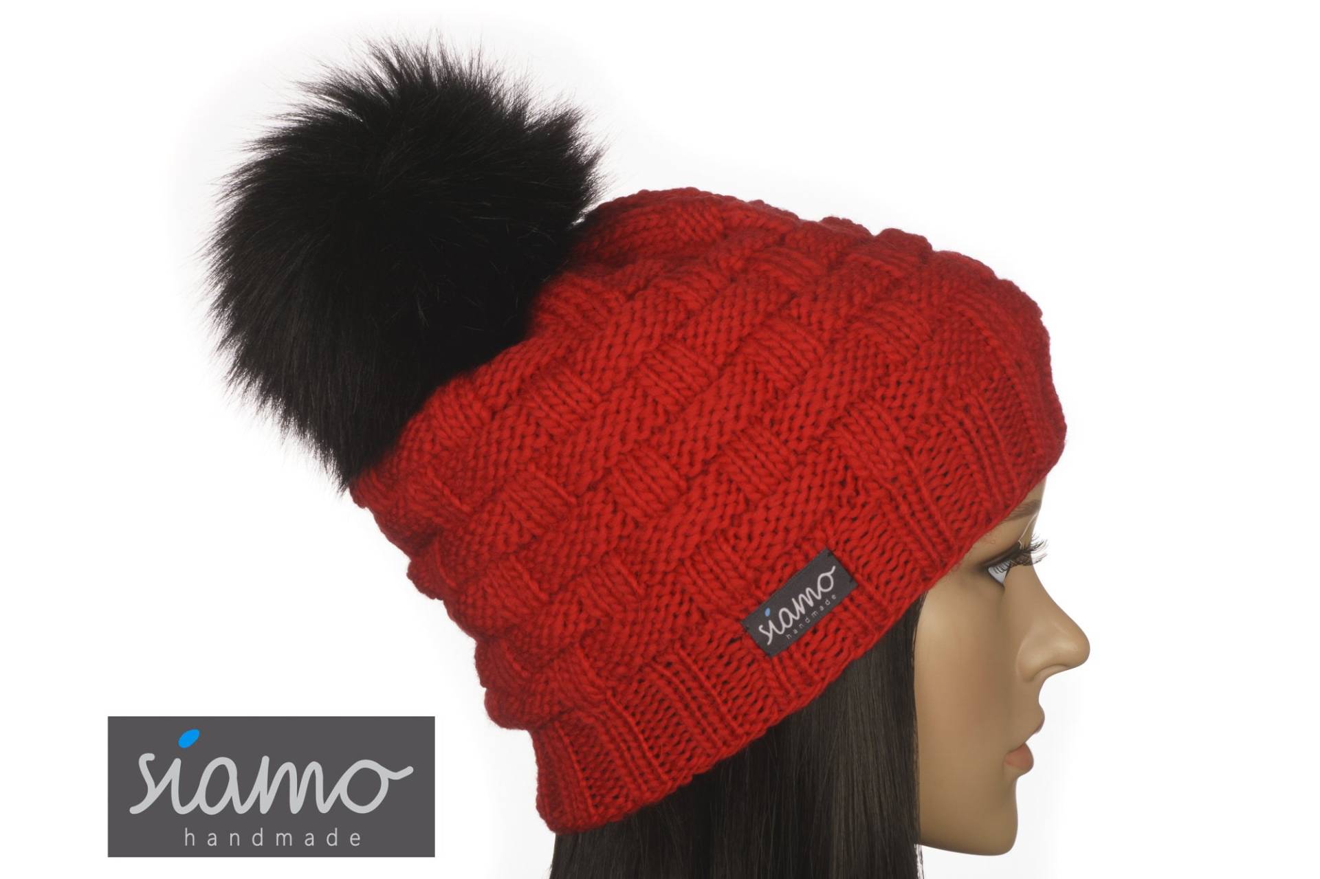 Bommel-Mütze Lahti Rot Merino Unisex Damen-Mütze Herren-Mütze Beanie Pudelmütze Winter-Mütze Strickmütze Haube Von Siamo-Handmade von siamoHandmade
