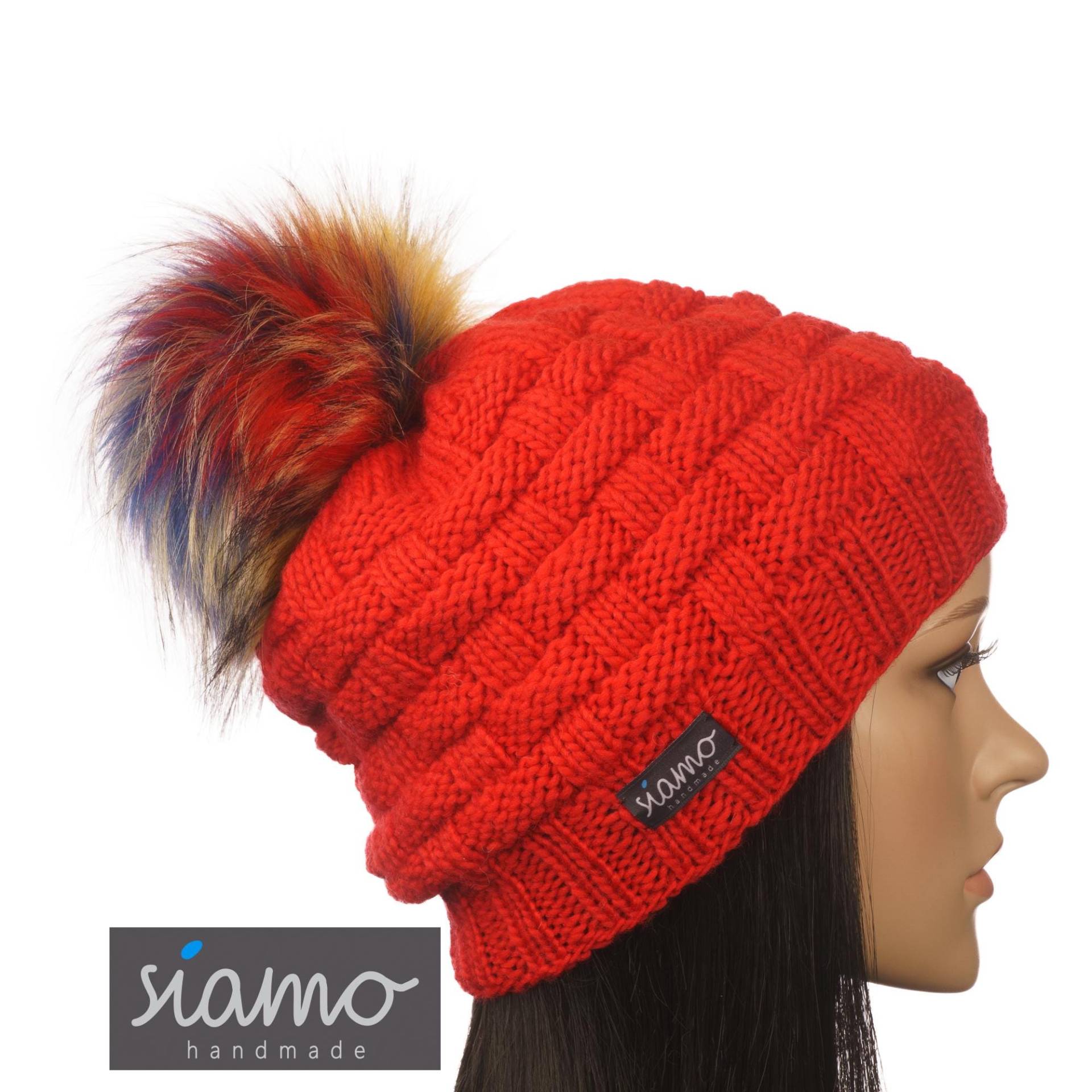 Bommelmütze Lahti Rot Merino Unisex Damen-Mütze Herren-Mütze Pudelmütze Haube Strickmütze Wollmütze Von Siamo-Handmade von siamoHandmade