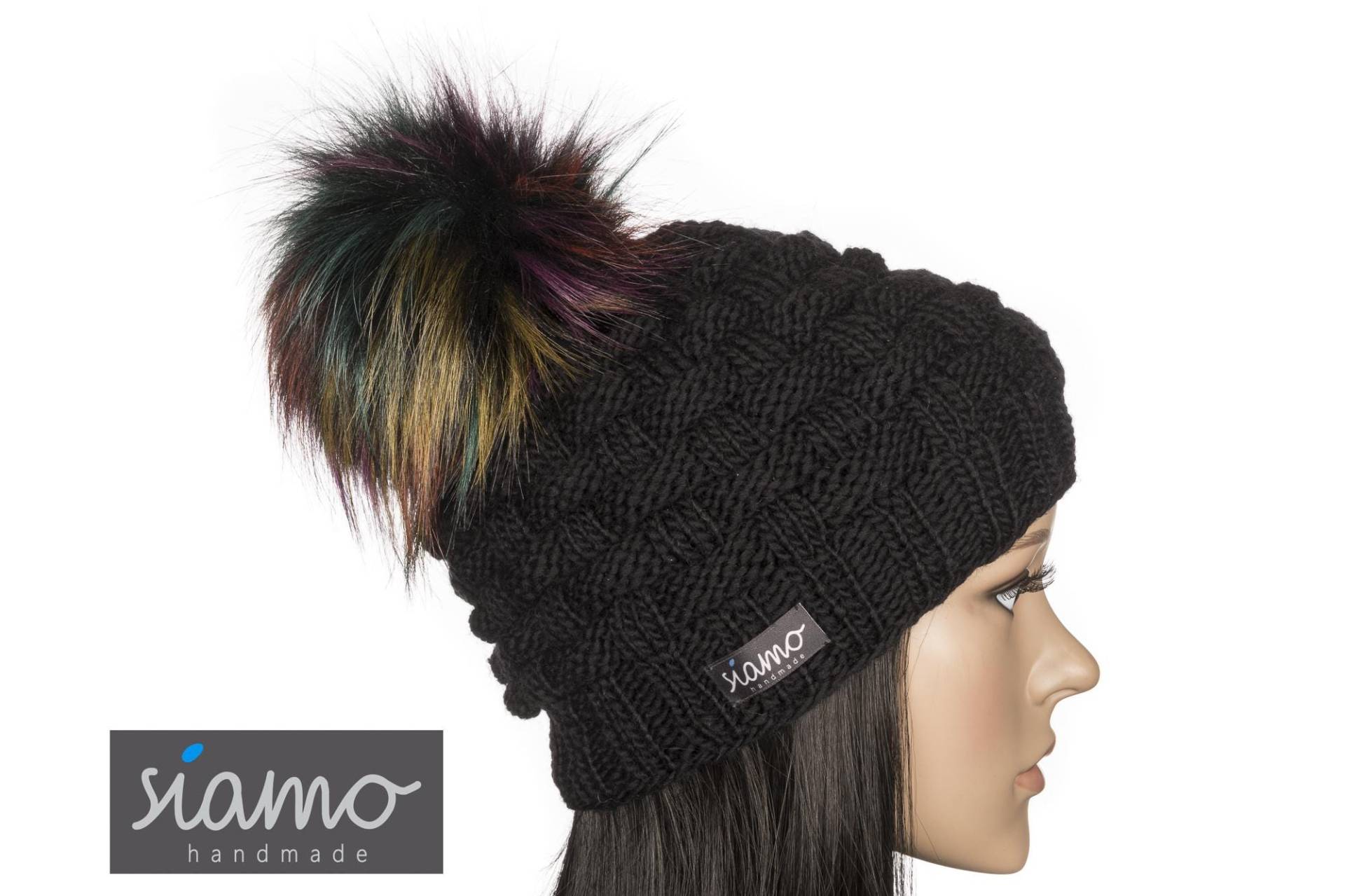 Mütze Lahti Schwarz Merino Unisex Damen-Mütze Herren-Mütze Winter-Mütze Beanie Pudelmütze Strickmütze Bommelmütze Von Siamo-Handmade von siamoHandmade