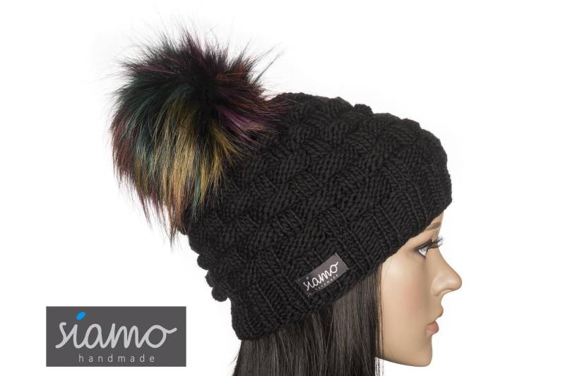 Mütze Lahti Schwarz Merino Unisex Damen-Mütze Herren-Mütze Winter-Mütze Beanie Pudelmütze Strickmütze Bommelmütze Von Siamo-Handmade von siamoHandmade