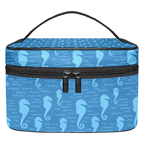 Große Make-up-Tasche, Reise-Kosmetiktasche, Make-up-Tasche, Organizer für Damen und Mädchen, tragbare Aufbewahrungsbürsten, Kulturbeutel, langlebig, wasserdicht, Hippocampus, blau, nautisch von siawadeky