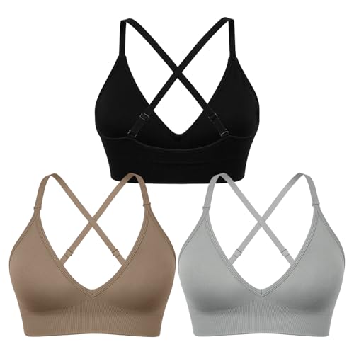 sicoozoe Sport-BH mit V-Ausschnitt für Damen, Riemen, überkreuzte Rückseite, Yoga-BH, mittlere Belastung, nahtlos, Workout-BH, Tops, S-XL, 3er-Pack (schwarz, grau, braun), Medium von sicoozoe
