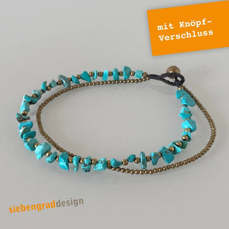 Fußkette - 2 Stränge Messingperlen Türkis Chips Messing Fußband von siebengrad
