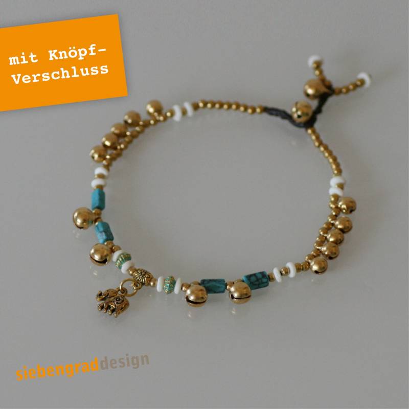 Fußkette - Messing Glöckchen Elefant Türkis + Weiß von siebengrad