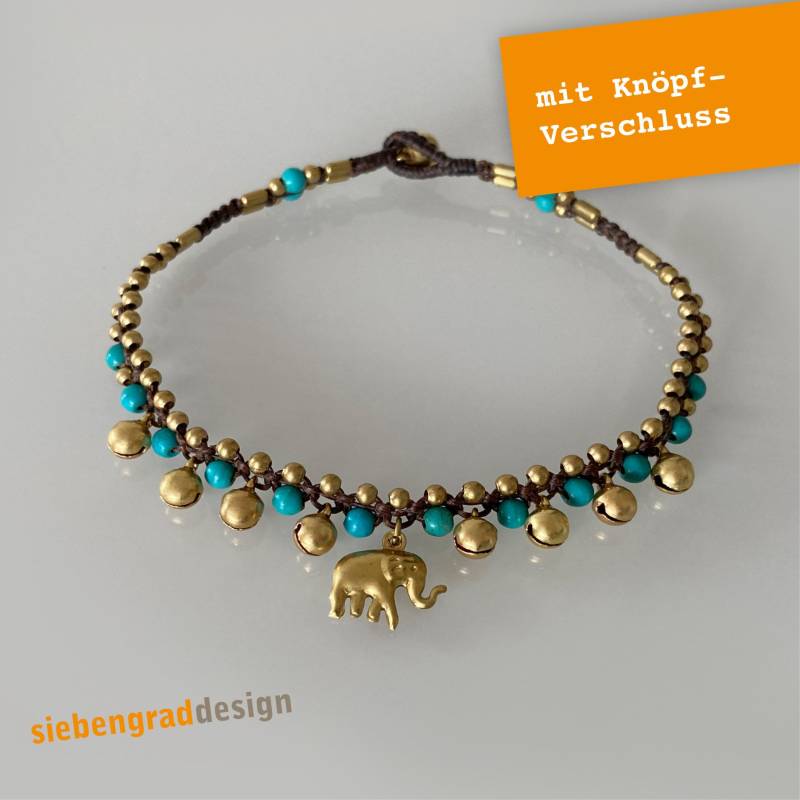 Fußkette - Messing Glöckchen Elefant Türkis Fußband von siebengrad