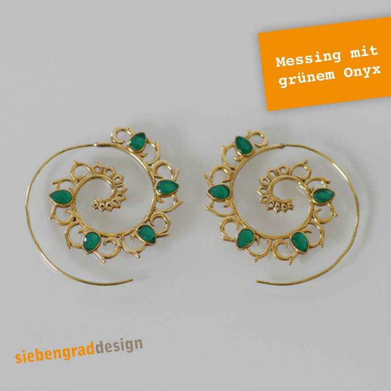 Messing Ohrringe Creolen - Spirale Verziert Grüner Onyx Facettiert Spgo von siebengrad