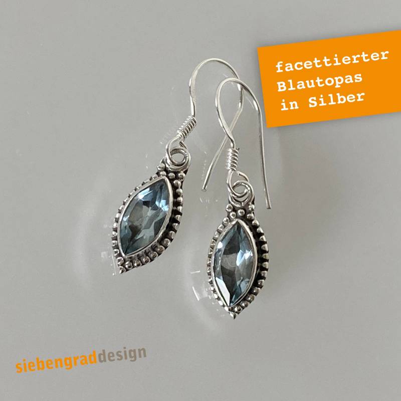 Silber-Ohrhänger - Facettierter Blautopas Spitze Ellipse Verziert Ta von siebengrad