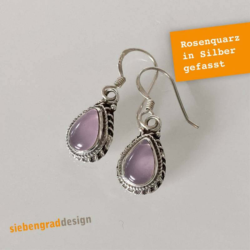 Silber-Ohrhänger - Rosenquarz Kleine Tropfen Verziert Kordelrand Ta von siebengrad