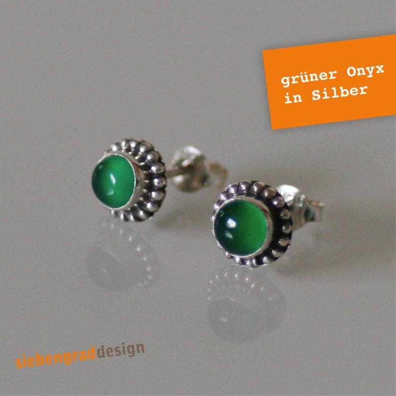 Silber-Ohrstecker - Grüner Onyx Verziert Pünktchenrand Del Silber 925 von siebengrad