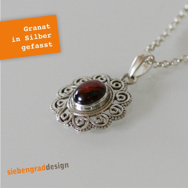 Silberkette Mit Granat - Blume Oval Aj 52 Filigran Silber 925 von siebengrad