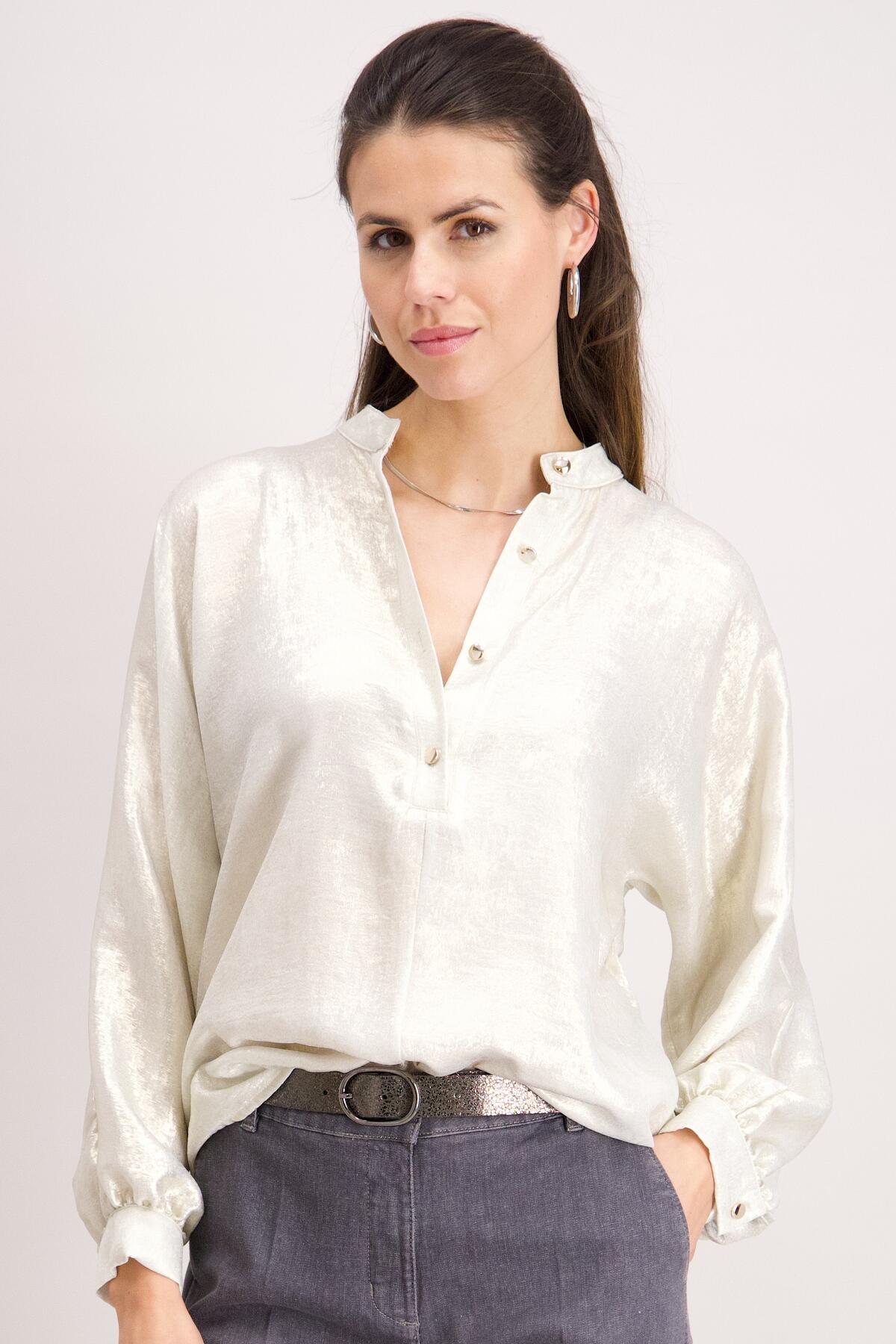 signe nature - Bluse mit Metallic-Effekt Mao-Kragen weiß - Gr. - 36 von signe nature