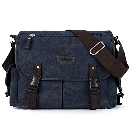 sikazan Canvas Messenger Bag Herren/Damen, Umhängetasche Mit Vielen Fächern Männer, Arbeitstasche Herren Handwerker, Bürotasche Laptop, Kuriertasche, Lehrertasche (Blau) von sikazan