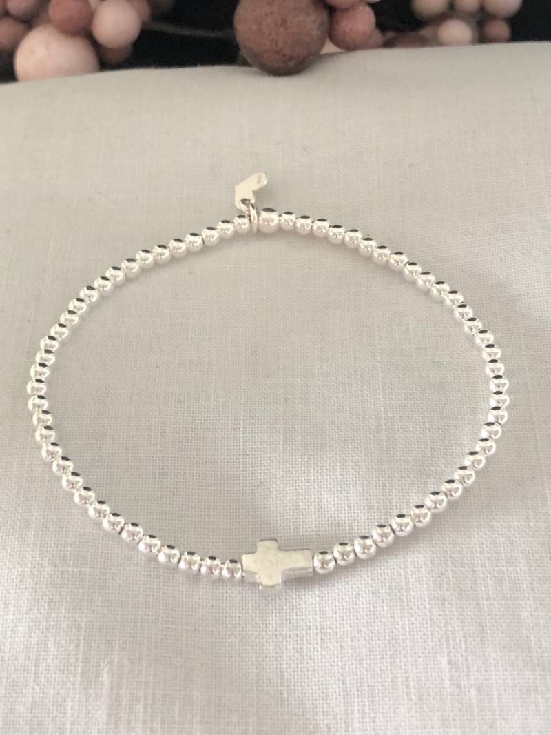 Kugelarmband Silber Mit Kreuz, Geschenke Zur Konfirmation, Firmung, 925 Sterlingsilber, Stretcharmband, Dehnbar von silberundherzliches