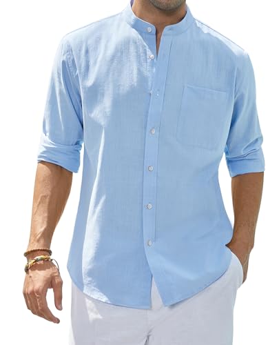 siiteelon Hemd Herren Leinenhemd Freizeithemd Blau Casual Leinen Bluse Langarm Regular Fit Western Hemden Baumwolle Langarmhemd Herbst,L von siliteelon