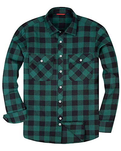 siliteelon Baumwolle Flanellhemd für Men Basic Holzfäller Freizeit Oberhemd Regular fit für Büro Camping Skateboarding Green Black 2XL von siliteelon