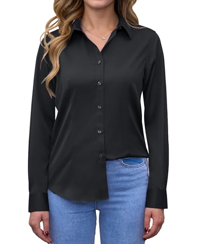 siliteelon Bluse Damen Bügelfrei Schwarz Regular fit Oberhemden Frauen Unifarben Stretch Freizeithemden Businesshemd Anzug Hemd Beerdigung,2XL von siliteelon