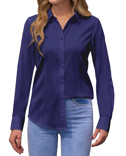 siliteelon Bluse Damen Langarm Bügelleichtes Damenbluse Button-Down Shirts Dunkelblau Regular Fit Baumwolle Tops Bluse von siliteelon