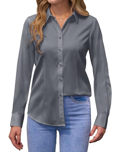 siliteelon Bluse Damen Langarm Bügelleichtes Damenbluse Button-Down Shirts Grau Regular Fit Baumwolle Tops Bluse von siliteelon