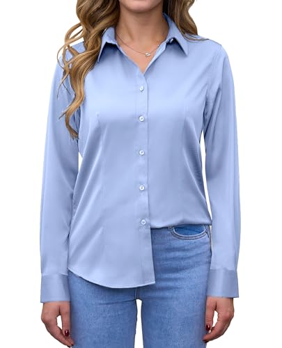 siliteelon Bluse Damen Langarm Bügelleichtes Damenbluse Button-Down Shirts Himmelblau Regular Fit Baumwolle Tops Bluse von siliteelon