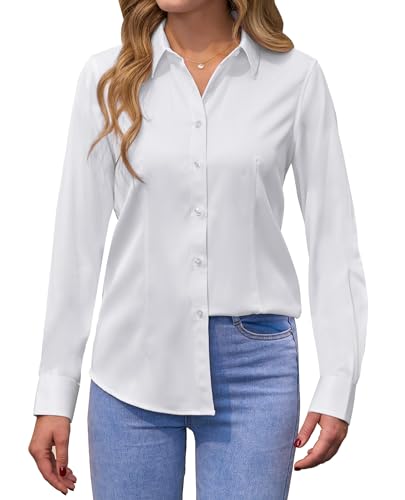 siliteelon Damen Bluse Bügelfrei Weiß Regular fit Oberhemden Frauen Unifarben Weiss Stretch Freizeithemden Businesshemd Anzug Hemd Hochzeit,L von siliteelon