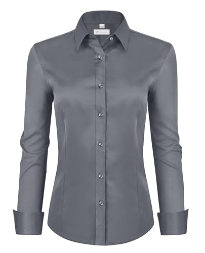 siliteelon Damen Bluse Grau Hemden Langarm Casual Arbeit Oberteile mit Knöpfen Hemd Lose Langarmshirt Einfarbig Tops von siliteelon