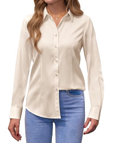 siliteelon Damen Bluse Langarm Bügelfrei Damenbluse Button-Down Shirts Beige Regular Fit Baumwolle Tops Bluse siliteelon Damen Bluse Langarm Bügelfrei Damenbluse Button-Down Shirts Beige Regular Fit Baumwolle Tops Bluse von siliteelon