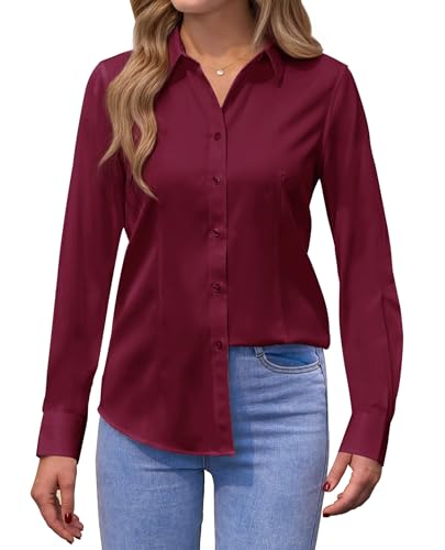 siliteelon Damen Bluse Langarm Bügelfrei Damenbluse Button-Down Shirts Burgunderrot Regular Fit Baumwolle Tops Bluse von siliteelon