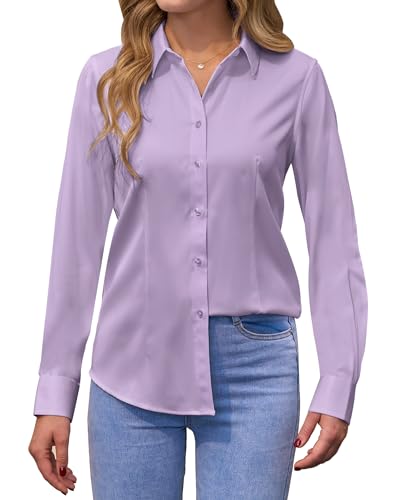 siliteelon Damen Bluse Langarm Bügelfrei Damenbluse Button-Down Shirts Lila Regular Fit Baumwolle Tops Bluse von siliteelon