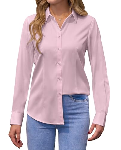 siliteelon Damen Bluse Langarm Bügelfrei Damenbluse Button-Down Shirts Rosa Regular Fit Baumwolle Tops Bluse von siliteelon
