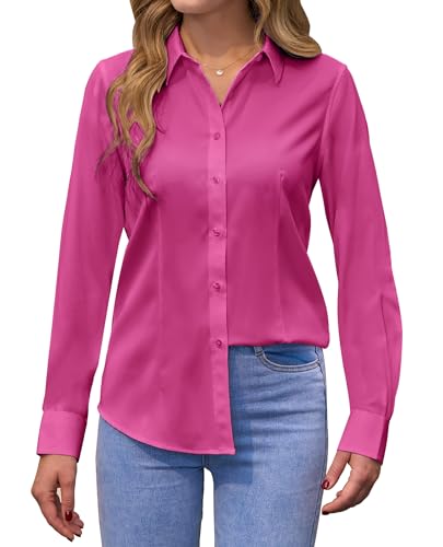 siliteelon Damen Bluse Langarm Bügelfrei Damenbluse Button-Down Shirts Schockrosa Regular Fit Baumwolle Tops Bluse von siliteelon