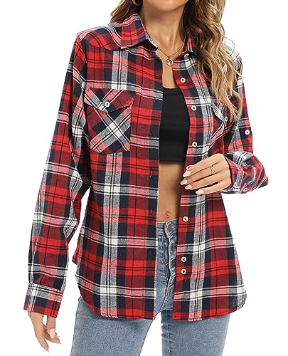 siliteelon Damen Hemd Kariertes Baumwolle Freizeithemd Bluse Langarm Regular Fit Flanellhemden von siliteelon